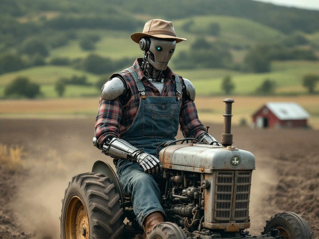 A humanoid robot wearing a plaid shirt, denim overalls, and a cowboy hat drives a vintage tractor across a plowed field with a rural landscape and a red barn in the background.