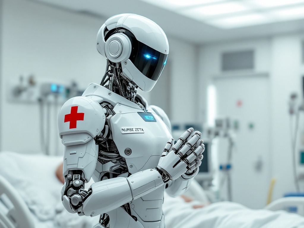 A humanoid robot nurse, named “Nurse Zeta,” standing in a hospital room next to a patient bed. The robot features a white design with a red cross on its shoulder and clasped hands in a caring gesture. The background includes medical equipment in a bright, modern setting.