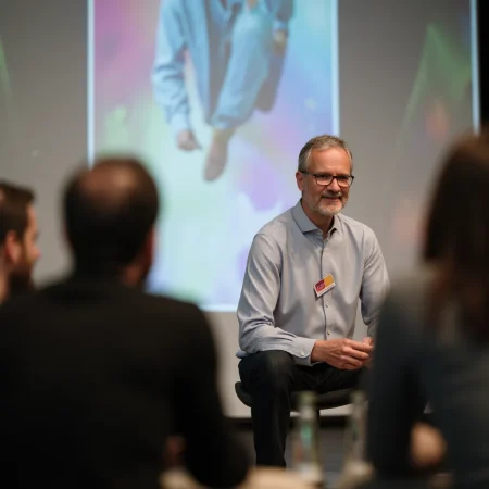 Ekkehard Schmider leading a free ai course with a group of people in a professional setting, a colorful image in the background.